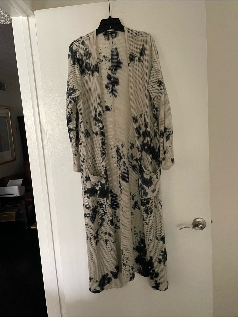T Party Fashion blue/BLk and gray Tie-Dye Long Open Cardigan coat Med.